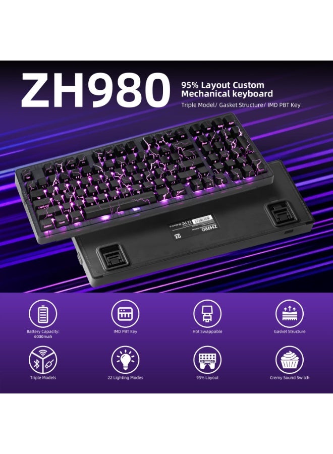 زورنر لوحة مفاتيح ميكانيكية لاسلكية ZORNHER ZH980، لوحة مفاتيح ناعمة الملمس بنسبة 95% مع لوحة أرقام، أغطية مفاتيح Lightning للكمبيوتر الشخصي، لوحة مفاتيح ألعاب مخصصة قابلة للتبديل السريع، مفاتيح خطية ناعمة الملمس، الحجم الكامل، 2.4 جيجاهرتز/USB-C/BT5.0 - Image 2