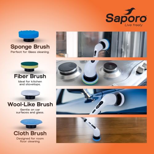 Saporo Electric Spin Scrubber for Bathroom Cleaning, 400 RPM Power Scrubber with 9 Replaceable Brush Heads, 2 Speed Settings, 3 Adjustable Lengths, IPX5 Waterproof, Detachable Handle for Tiles - Image 3