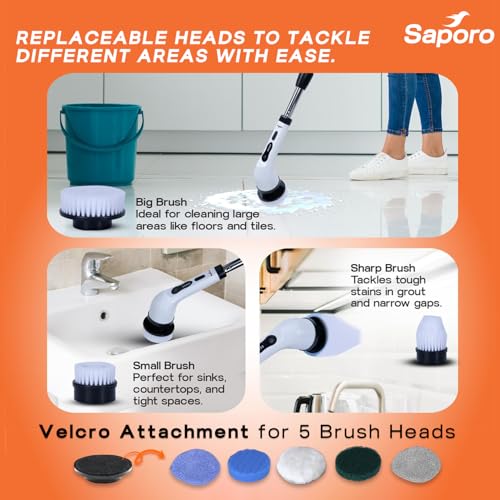 Saporo Electric Spin Scrubber for Bathroom Cleaning, 400 RPM Power Scrubber with 9 Replaceable Brush Heads, 2 Speed Settings, 3 Adjustable Lengths, IPX5 Waterproof, Detachable Handle for Tiles - Image 4