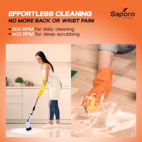 Saporo Electric Spin Scrubber for Bathroom Cleaning, 400 RPM Power Scrubber with 9 Replaceable Brush Heads, 2 Speed Settings, 3 Adjustable Lengths, IPX5 Waterproof, Detachable Handle for Tiles - Image 2