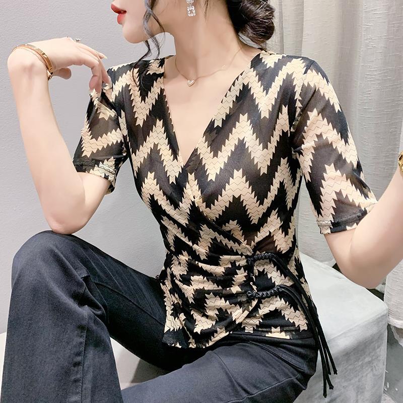 Mesh Bottoming Shirt For Women V-Neck Cross Design Versatile Slimming Western Style Top For Women With Wrapped Chest - Image 1