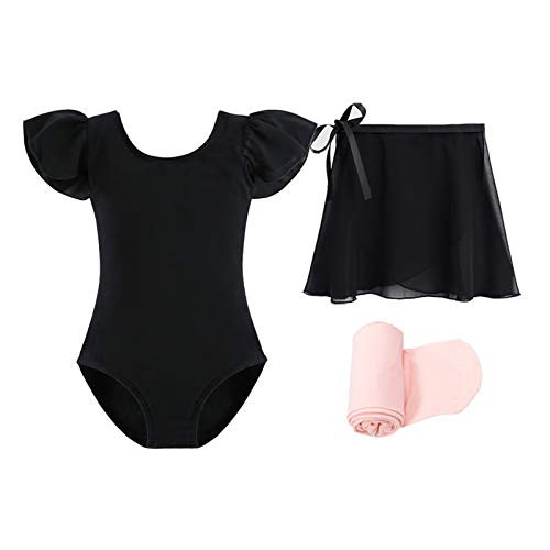 Stelle Ballet Leotards for Girls Toddler Dance Dress Outfit Combo with Skirt and Tights (Toddler/Little Kid/Big Kid)(Black-Ruffle Sleeve, 110) - Image 1