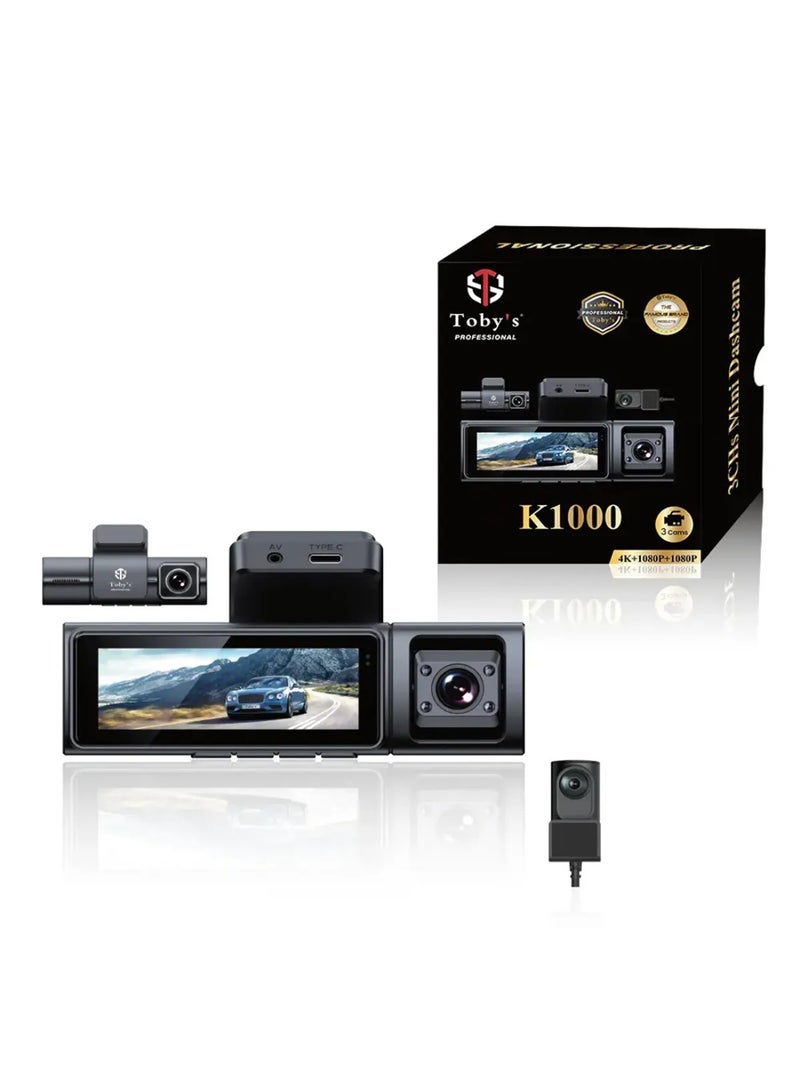 توبيز كاميرا سيارة صغيرة من توبي K1000 3CHs بدقة 4K، مزودة بثلاث كاميرات أمامية وداخلية وخلفية، وشاشة IPS مقاس 3.2 بوصة، وواي فاي، ومستشعر تسارع، وتسجيل دوري، ومساعدة ركن السيارة، ودعم سعة تخزين 256 جيجابايت - DASH CAM K1000 - Image 1