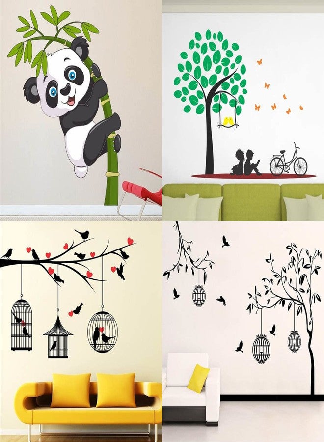 Merical PVC Vinyl Self-Adhesive Wall Stickers Combo Set of 4 for Home Decor | Baby Panda, Free Bird Cage (Black), Kids Under Tree, Lovebirds & Hearts | for Living Room, Bedroom & Kids Room - Image 1