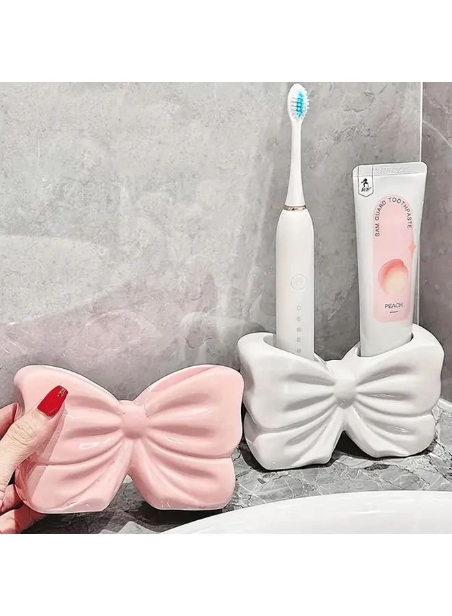 Butterfly Toothbrush Holder White Double Slot Organizer Bathroom Countertop Storage - Image 1