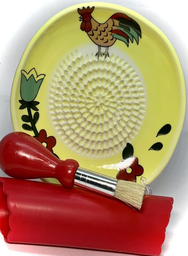 BonCera, All-in-one Premium Ceramic Garlic Grater Plate 4-Piece Set - Rooster Design, Classic Style - For Garlic, Ginger, Chocolate, and more! - Comes with 5.25" Plate, Peeler, Brush, and Stand - Image 2