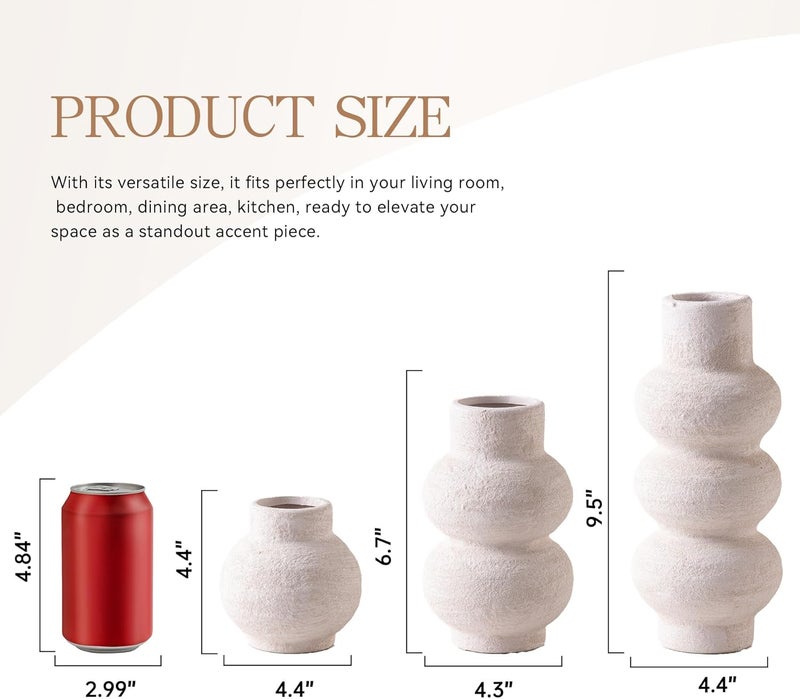Vanselia Ceramic Vase Home Table Decor - White Flower Vase Set of 3 Living Room Kitchen Decorations Farmhouse Modern Rustic Vases Decorative Centerpiece for Shelf Bedroom Office Bathroom Dining Coffee Desk - Image 2