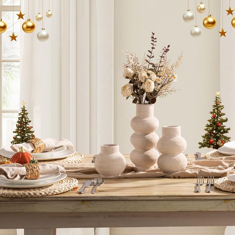 Vanselia Ceramic Vase Home Table Decor - White Flower Vase Set of 3 Living Room Kitchen Decorations Farmhouse Modern Rustic Vases Decorative Centerpiece for Shelf Bedroom Office Bathroom Dining Coffee Desk - Image 4