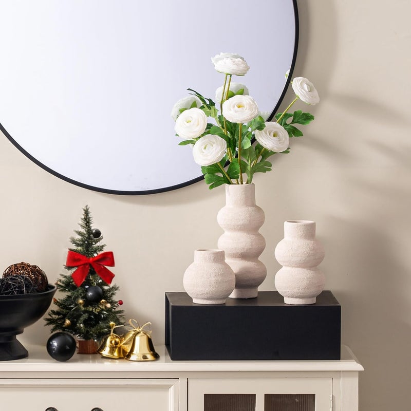 Vanselia Ceramic Vase Home Table Decor - White Flower Vase Set of 3 Living Room Kitchen Decorations Farmhouse Modern Rustic Vases Decorative Centerpiece for Shelf Bedroom Office Bathroom Dining Coffee Desk - Image 5