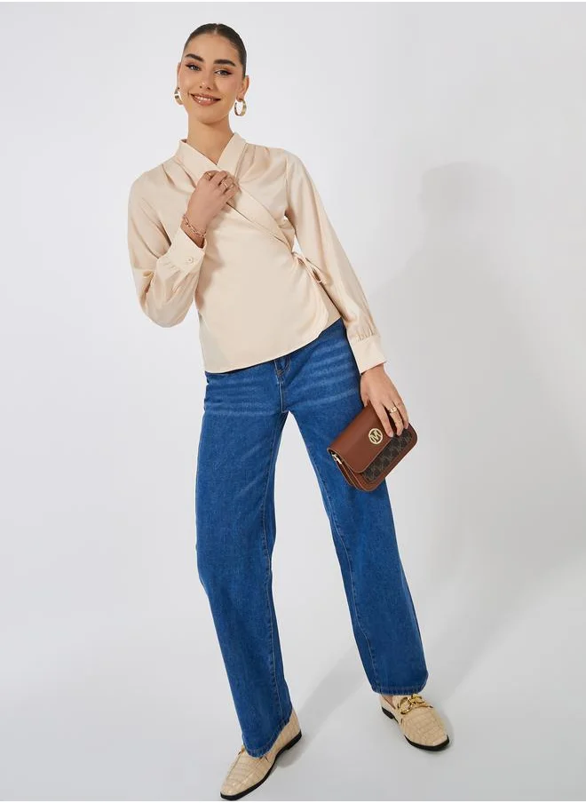 Styli Solid Wrap Top with Full Length Cuffed Sleeve