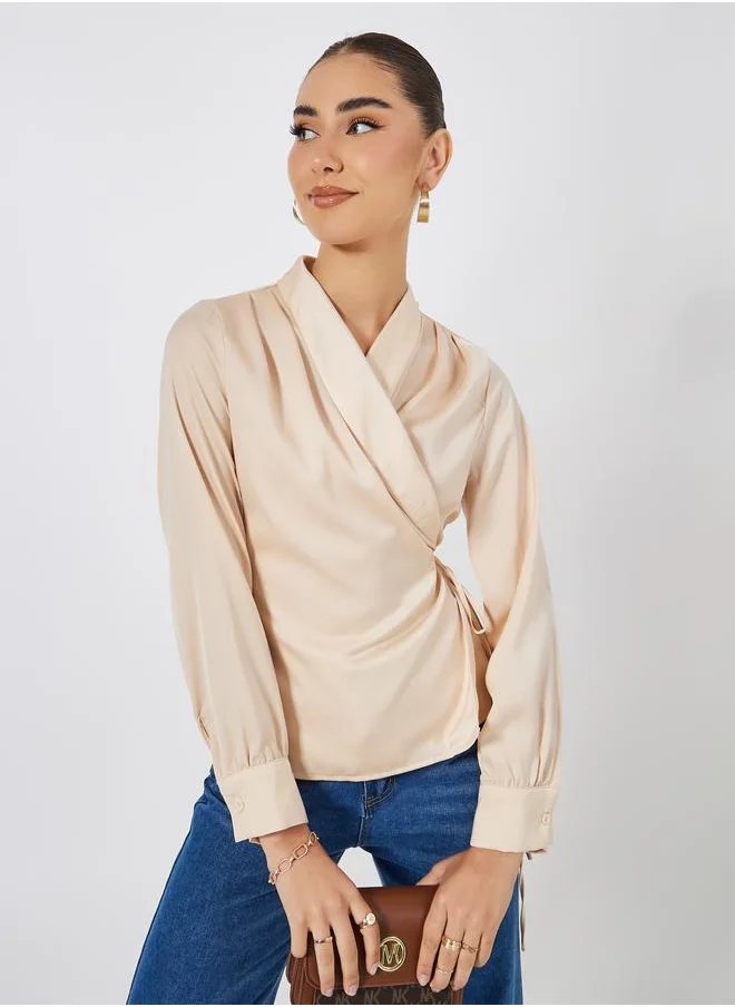 Styli Solid Wrap Top with Full Length Cuffed Sleeve