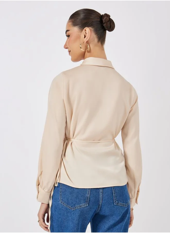 Styli Solid Wrap Top with Full Length Cuffed Sleeve
