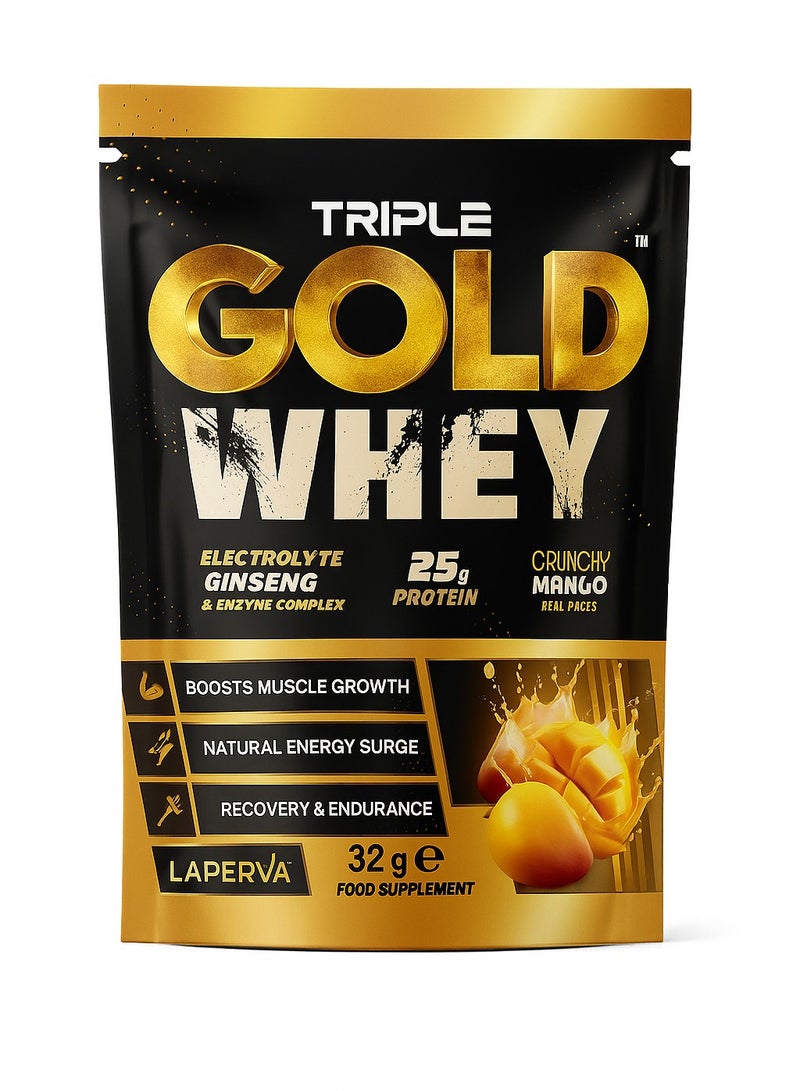 Laperva مسحوق بروتين مصل اللبن لابيرفا تريبل جولد، نكهة مانجو مقرمشة - 25 جرام بروتين، قطع فواكه حقيقية، مكمل لاستعادة ونمو العضلات، 32 جرام، حصة واحدة - Image 1