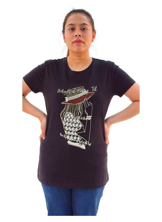 JOANNA W203031 Women's Lady Wearing Hat With Quotes Round Neck Short Sleeve T-Shirt - Black - XL - Image 1