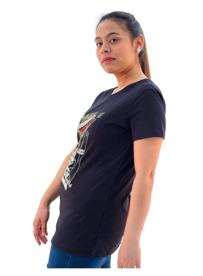 JOANNA W203031 Women's Lady Wearing Hat With Quotes Round Neck Short Sleeve T-Shirt - Black - XL - Image 2
