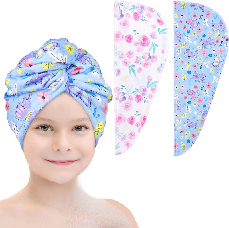 Basumee Microfiber Hair Towel Wrap for Kids 2 Pack Rapid Drying Hair Towel with Button Hair Turbans for Wet Hair Wraps Head Towel Wrap for Women and Girls Flower