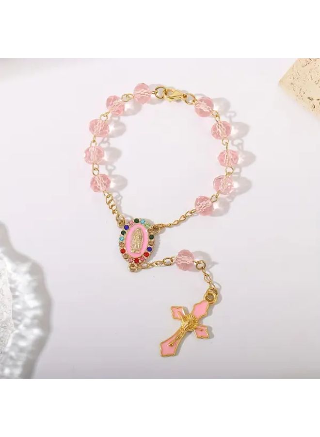 Pink Elegant Cross Pendant Car Rearview Mirror Ornament Durable Metal Beaded Holiday Gift - Image 4