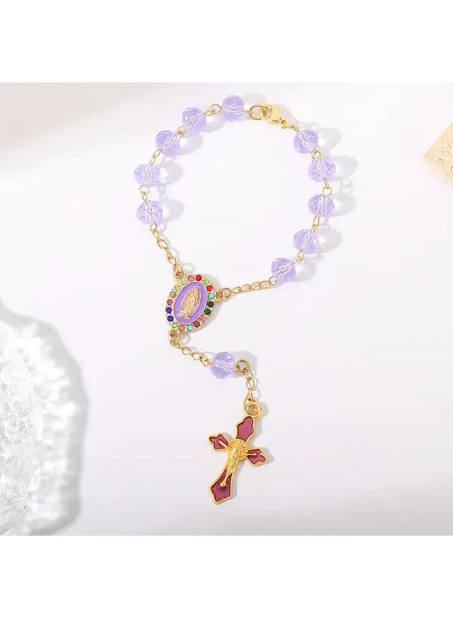 Pink Elegant Cross Pendant Car Rearview Mirror Ornament Durable Metal Beaded Holiday Gift - Image 5