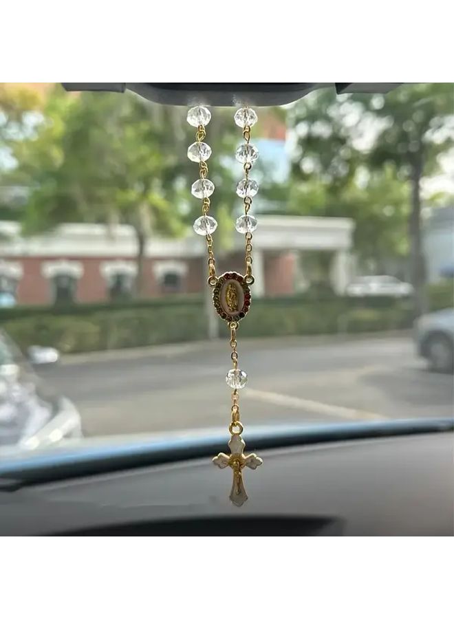 Pink Elegant Cross Pendant Car Rearview Mirror Ornament Durable Metal Beaded Holiday Gift - Image 1