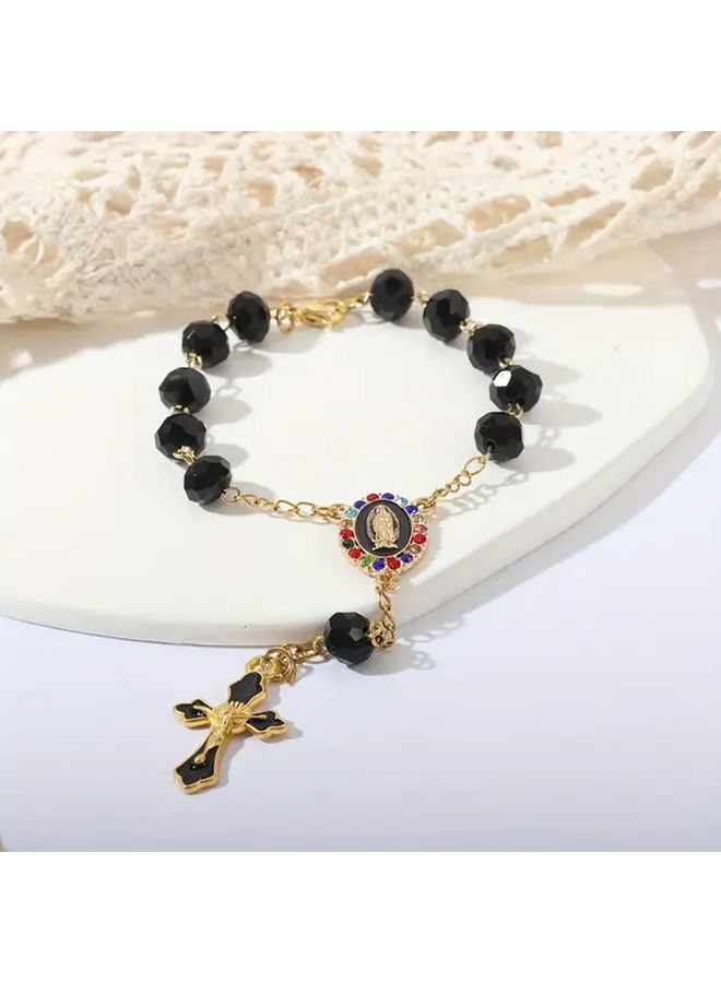 Pink Elegant Cross Pendant Car Rearview Mirror Ornament Durable Metal Beaded Holiday Gift - Image 3