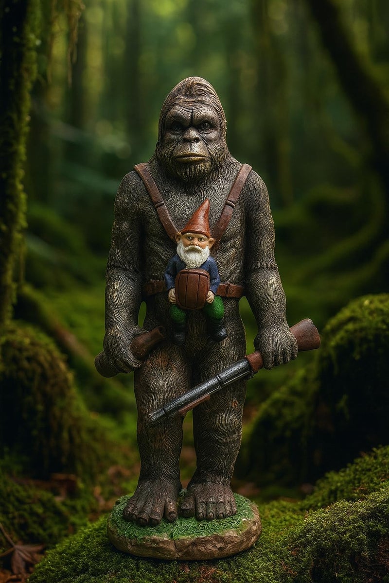 Funny Guy Mugs Bigfoot Garden Statue - Bigfoot and A Gnome - Indoor/Outdoor Garden Gnome Sculpture for Patio, Yard or Lawn - Image 1