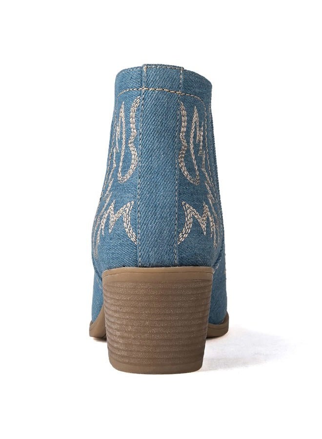 GLOBALWIN Women's Blue Denim Cowboy Boots Short Pull On Comfy Ankle Western Cowgirl Boots For Women Low Heel Size 8M - Image 5