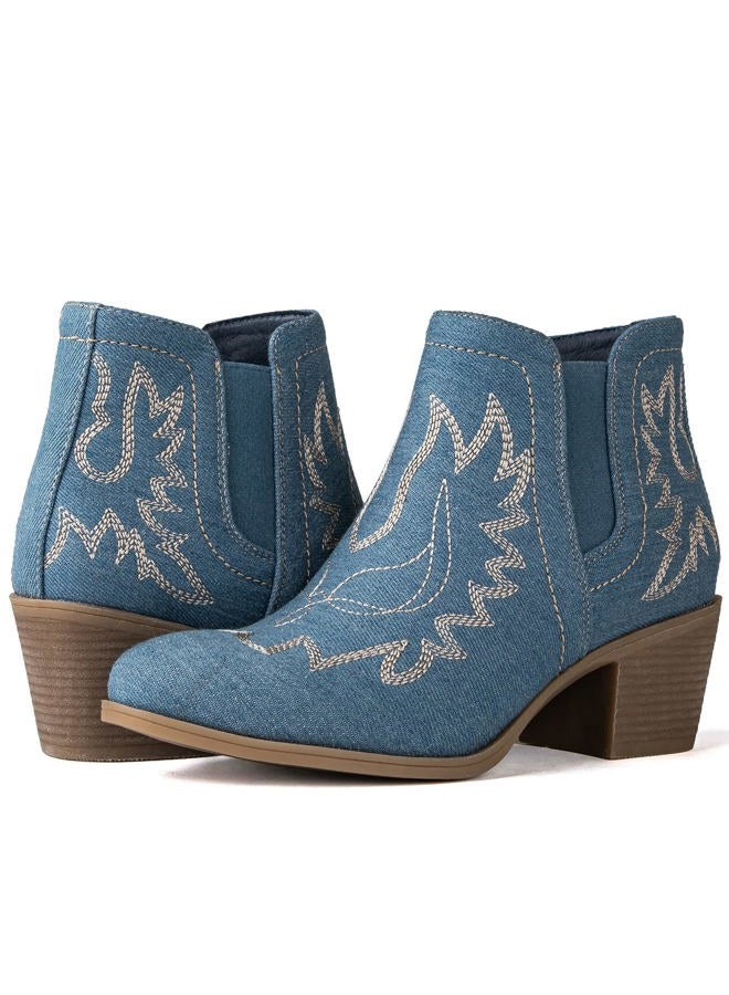 GLOBALWIN Women's Blue Denim Cowboy Boots Short Pull On Comfy Ankle Western Cowgirl Boots For Women Low Heel Size 8M - Image 2