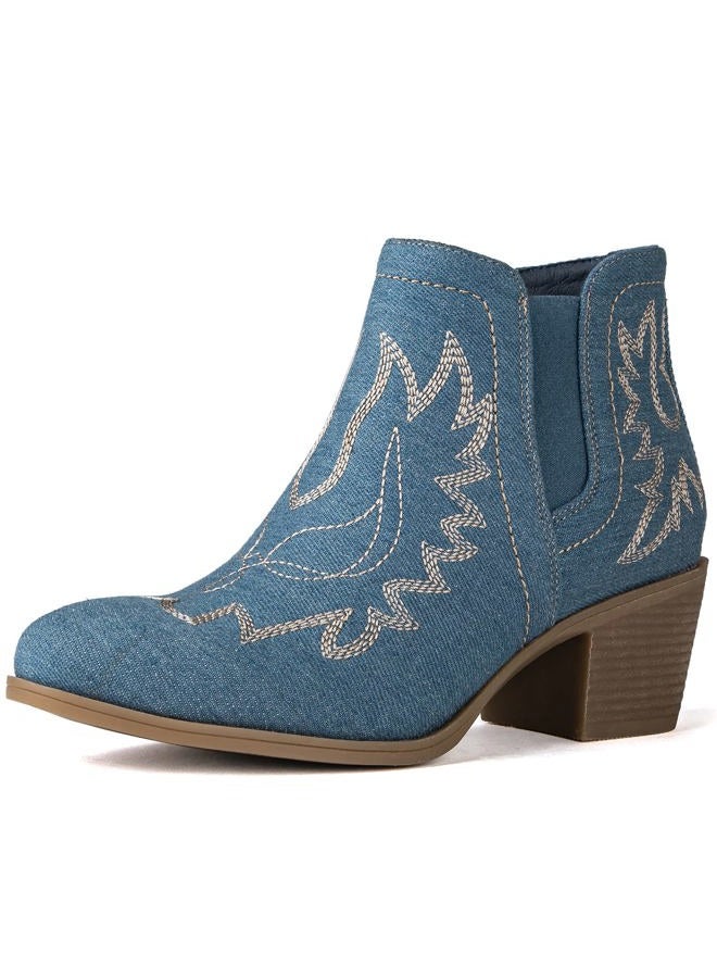 GLOBALWIN Women's Blue Denim Cowboy Boots Short Pull On Comfy Ankle Western Cowgirl Boots For Women Low Heel Size 8M - Image 1