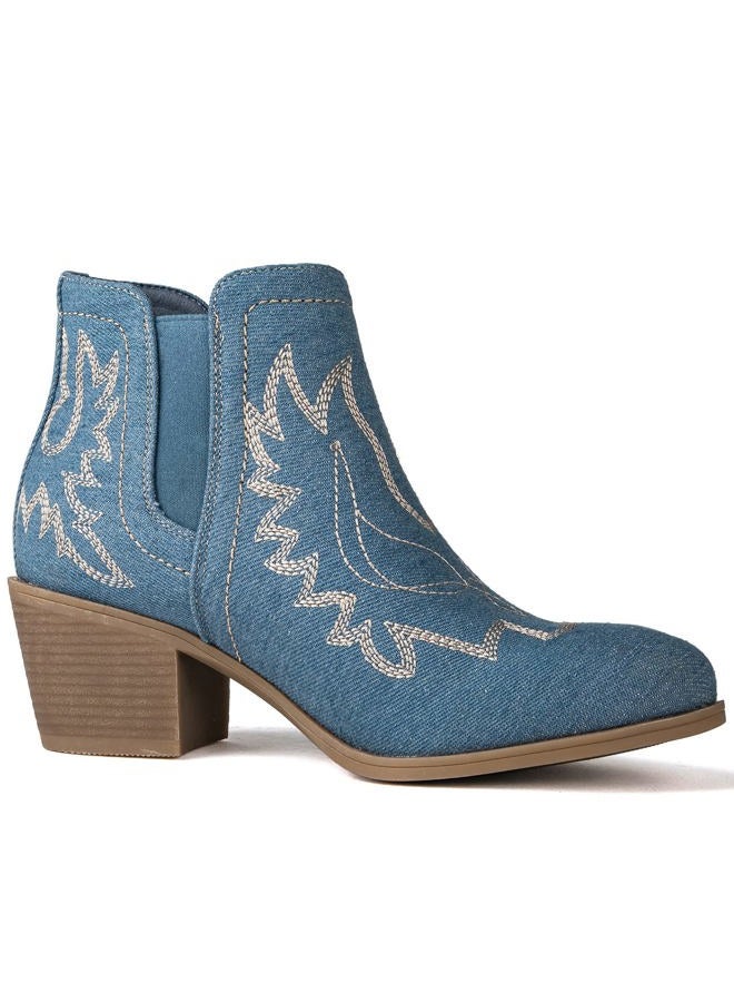 GLOBALWIN Women's Blue Denim Cowboy Boots Short Pull On Comfy Ankle Western Cowgirl Boots For Women Low Heel Size 8M - Image 3