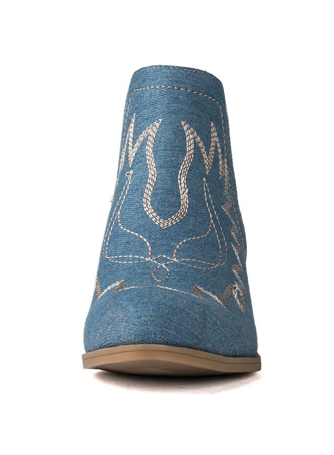 GLOBALWIN Women's Blue Denim Cowboy Boots Short Pull On Comfy Ankle Western Cowgirl Boots For Women Low Heel Size 8M - Image 4