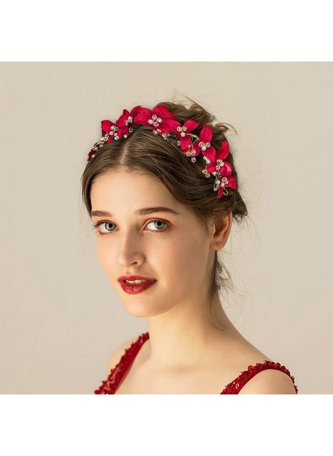 DonLeeving DonLeeving Bridal Red Crystal Headband Princess Flower Hair Vine Headpiece Pearl Wedding Queen Crowns and Tiaras Bride Floral Red Headband for Women and Girls Halloween Decor  - Image 4