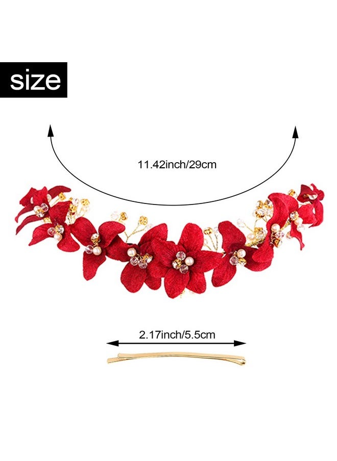 DonLeeving DonLeeving Bridal Red Crystal Headband Princess Flower Hair Vine Headpiece Pearl Wedding Queen Crowns and Tiaras Bride Floral Red Headband for Women and Girls Halloween Decor  - Image 2