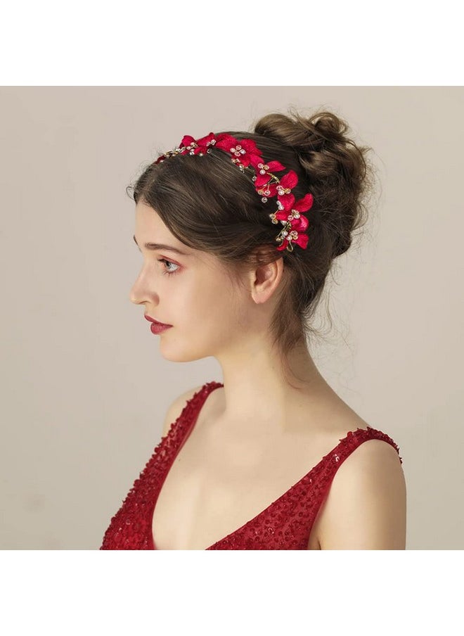 DonLeeving DonLeeving Bridal Red Crystal Headband Princess Flower Hair Vine Headpiece Pearl Wedding Queen Crowns and Tiaras Bride Floral Red Headband for Women and Girls Halloween Decor  - Image 5