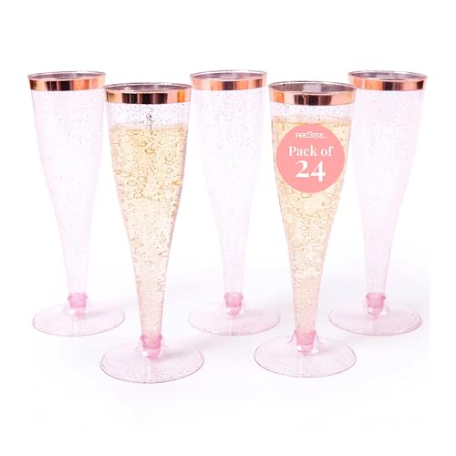 Prestee Set of 24 Plastic Champagne Flutes Disposable Silver Glitter Pink Champagne Glasses with Rose Gold Rim Elegant Toasting Cups for Weddings Cocktail Parties New Years Celebrations - Image 2