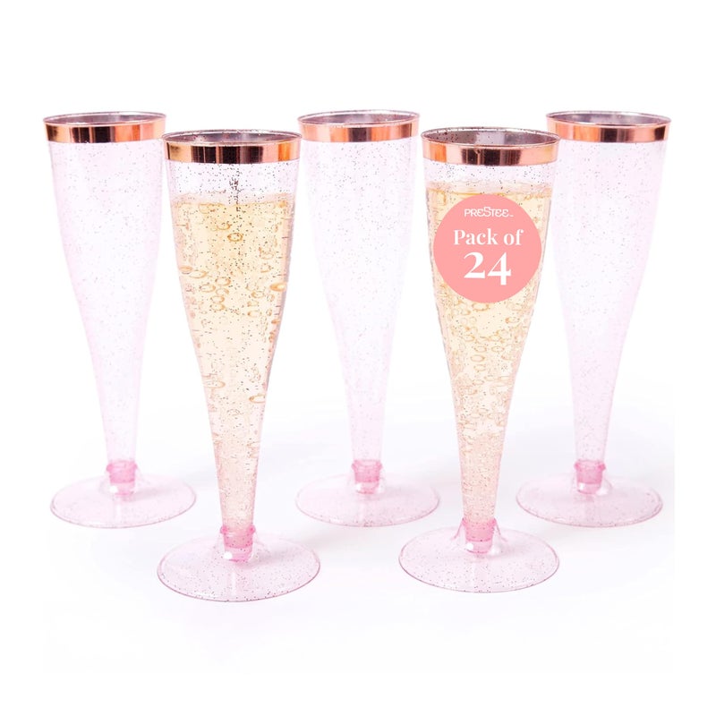 Prestee Set of 24 Plastic Champagne Flutes Disposable Silver Glitter Pink Champagne Glasses with Rose Gold Rim Elegant Toasting Cups for Weddings Cocktail Parties New Years Celebrations - Image 1