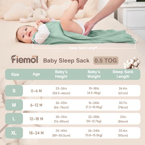 FIEMOL Baby Sleep Sack 6-12 Months, 100% Cotton Sleeping Sack for Newborn and Infant, 3 Pack Baby Wearable Blanket, 0.5 Tog Lightweight Double Zipper Sleep Bag Apricot - Image 4