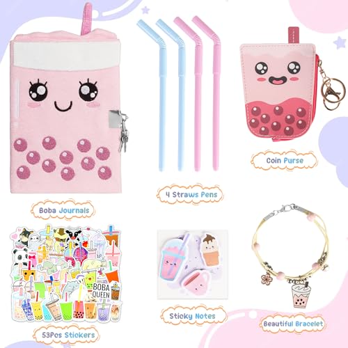 Primo Lines All In One Gift Kit for Girls – Lock and Key Plush Journal Stationery Set with 53 Stickers, 1 Bracelet, 1 Coin Purse, 4 Straws and 3 Sticky Notes, for Kids, Toddlers, and Teens (Pink Boba) - Image 2