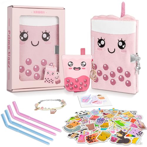 Primo Lines All In One Gift Kit for Girls – Lock and Key Plush Journal Stationery Set with 53 Stickers, 1 Bracelet, 1 Coin Purse, 4 Straws and 3 Sticky Notes, for Kids, Toddlers, and Teens (Pink Boba) - Image 1