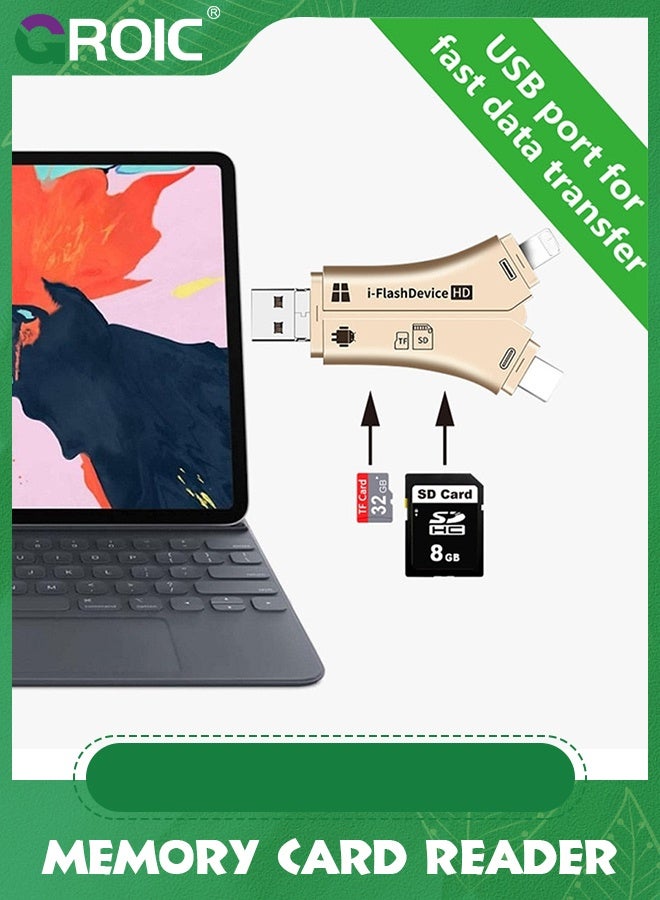 GROIC Gold Card Reader, 4 in 1 Flash Device SD Memory Card Adapter for Cellphone,PC, Mac, Android, Trail Game Camera Viewer for Micro USB 2.0 OTG Port Reading SD  TF Cards - Image 3