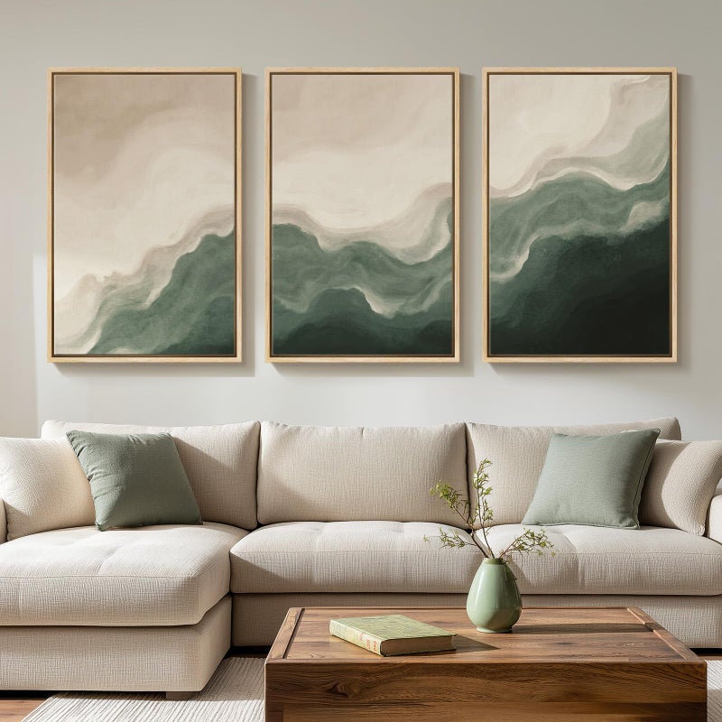 Cuspin Large Framed Green and Beige Abstract Wall Art for Living Room, 3 Piece Modern Neutral Canvas Prints Paintings Artwork for Walls, Minimalist Abstract Pictures for Hallway Bedroom Wall Decor 24x36 In - Image 1