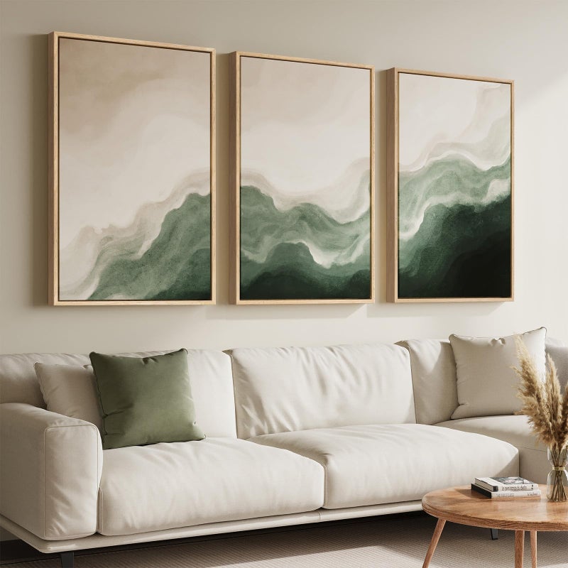 Cuspin Large Framed Green and Beige Abstract Wall Art for Living Room, 3 Piece Modern Neutral Canvas Prints Paintings Artwork for Walls, Minimalist Abstract Pictures for Hallway Bedroom Wall Decor 24x36 In - Image 2