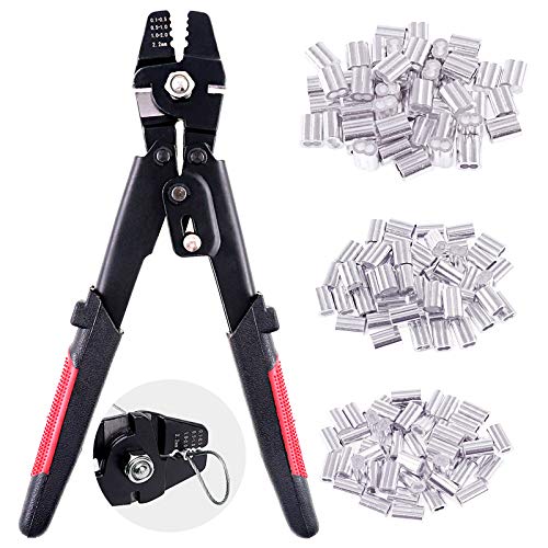 Swpeet Profession Up To 22mm Wire Rope Crimping Tool Wire Rope Swager Crimpers Fishing Crimping Tool With 150Pcs 3 Size Aluminum Double Barrel Ferrule Crimping Loop Sleeve Kit - Image 1