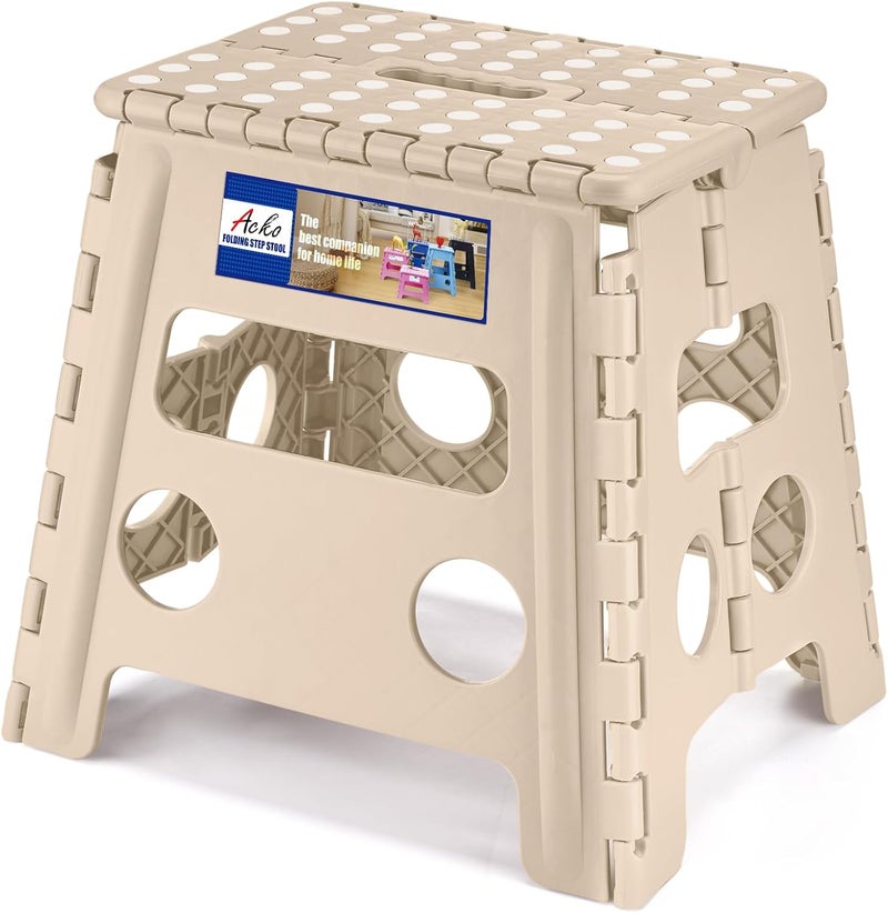 Acko Folding Step Stool, 13 Inch Non-Slip Foldable Step Stool for Adults & Kids, Up to 300 lbs, Lightweight Collapsible Foot Stools with Carry Handle for Kitchen, Bathroom, Bedroom, Khaki - Image 1