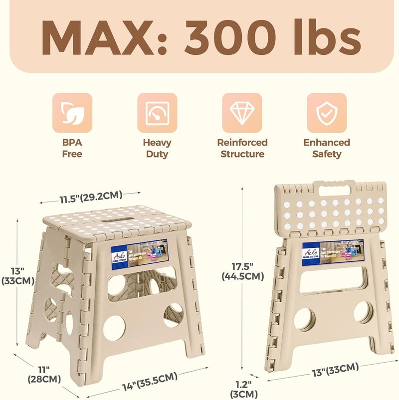 Acko Folding Step Stool, 13 Inch Non-Slip Foldable Step Stool for Adults & Kids, Up to 300 lbs, Lightweight Collapsible Foot Stools with Carry Handle for Kitchen, Bathroom, Bedroom, Khaki - Image 2