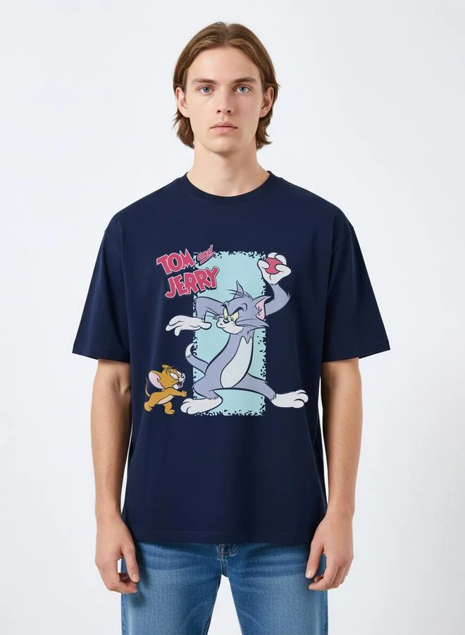 Tom And Jerry Men Navy Blue Tom and Jerry Graphic Print T-Shirt