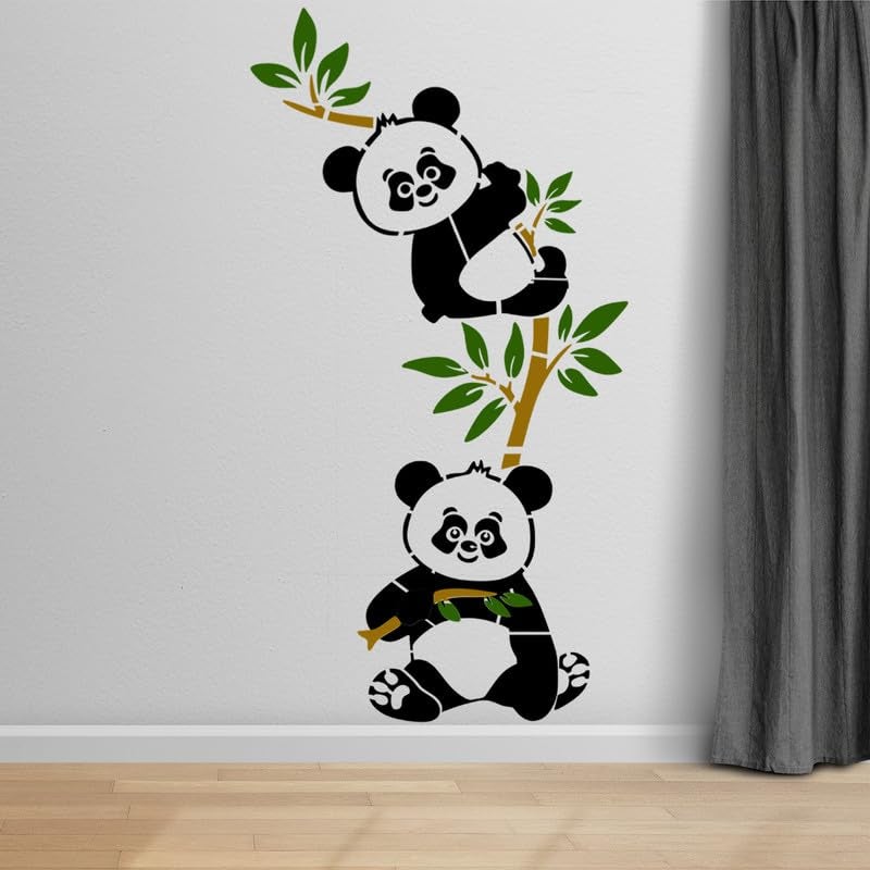 ARandNJ Painting for Wall Stencils (Size:- 24X40 Inch) Theme:- Cute Panda with Bamboo DIY Reusable Painting Design Suitable for Bedroom, Drawing Room, Living Room (Pack of2) - Image 1