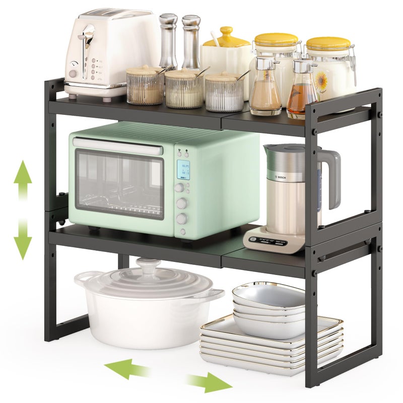 DOLALIKE Expandable kitchen Countertop Organizer Stackable Cabinet Shelf Organizers Space Saving Spice Rack Pantry Storage for Bathroom Office Organization Black 2 Pack