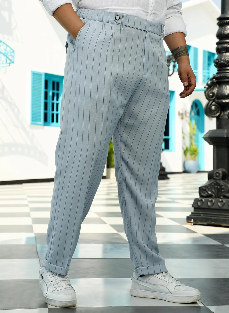 Instafab Plus  Instafab Plus Men's Icy Blue Pinstripe-Pleated Chino Trousers For Casual Wear | Mid-Rise | Regular Fit | Hook & Zip Closure | Plus Size Trousers Crafted With Comfort Fit For Everyday Wear for Men | Best Price UAE
