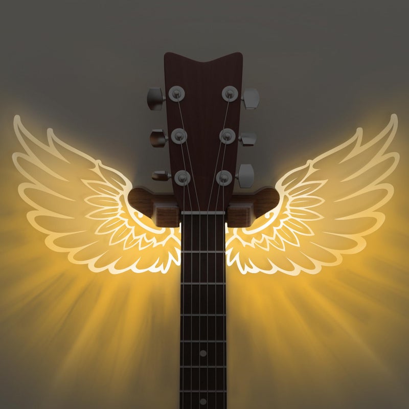 CoolGift Mart Guitar Stand Wall Mount with Luminous Angel Wings, Acrylic Wooden Guitar Hanger Shelf with USB Powered, for Acoustic Electric Bass Ukulele, Gift for Music Lovers Men Guitar Players - Image 1