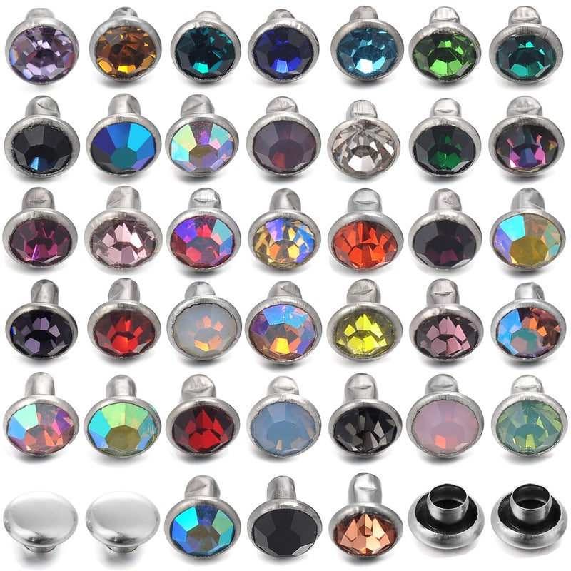 YORANYO 100 Sets 6MM Mixed Colors Cz Crystal Rivets Rhinestone Rivets Studs Rapid Rivets Silver Color Spots Studs for Leather Craft DIY Making - Image 3